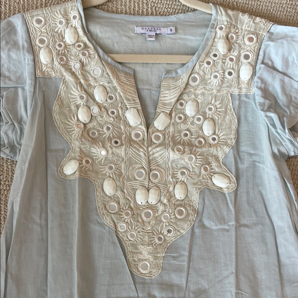 Calypso St. Barth Light Blue Mini Dress with Cream Embroidery - Picture 3 of 13